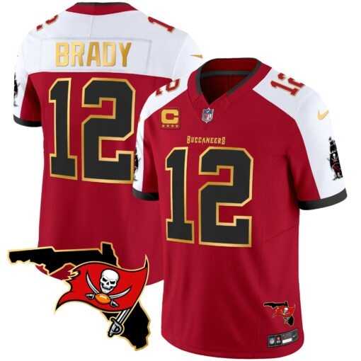 Mens Tampa Bay Buccaneers #12 Tom Brady Red White With Florida Patch Gold Trim Vapor Stitched Jersey Dyin